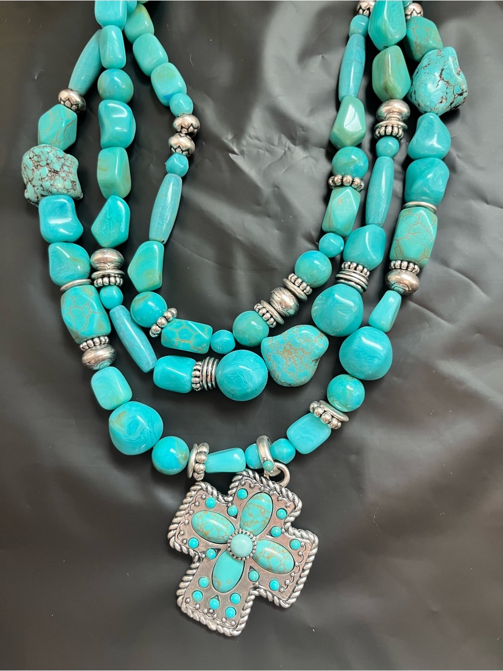 Turquoise Multi-Strand Stone Necklace with Cross Pendant - Chico's